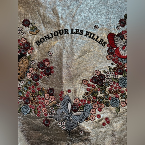 Zara Outerwear Silver Metallic Bomber Jacket Embroider Floral Butterflies Size M - Picture 7 of 15